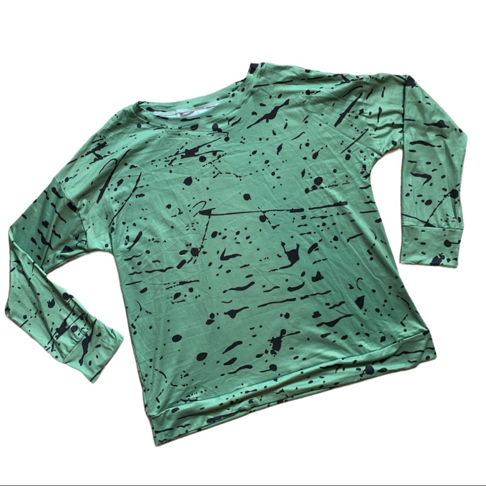 LG Paint Splatter Green Silky Light Long Sleeve Scoop Neck Tee Shirt